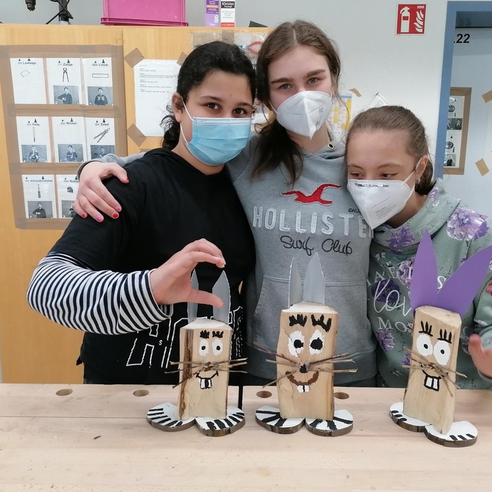 Pupils with their wooden bunnies (Enlarged picture view opens)