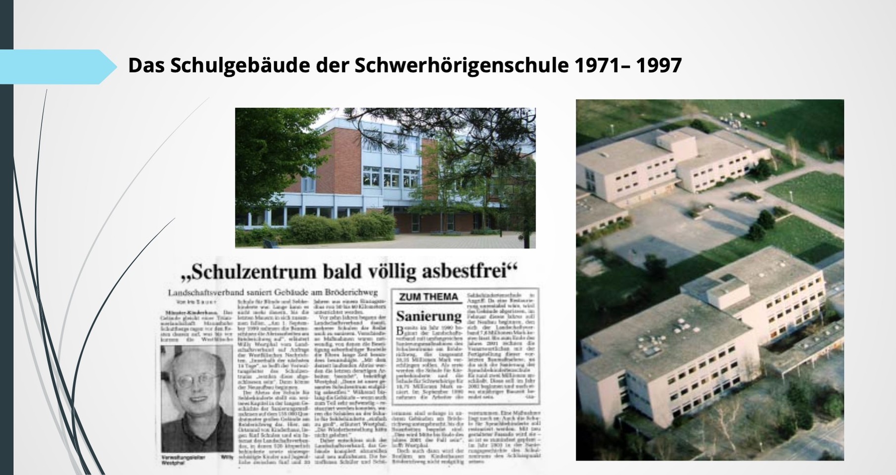 Luftaufnahme der Schulgebäude der Schwerhörigenschule, Zeitungsartikel mit der Überschrift "Schulzentrum bald völlig asbestfrei"