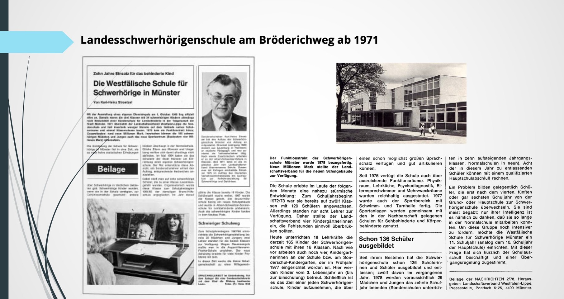 Zeitungsartikel über die Landesschwerhörigenschule am Bröderichweg ab 1971