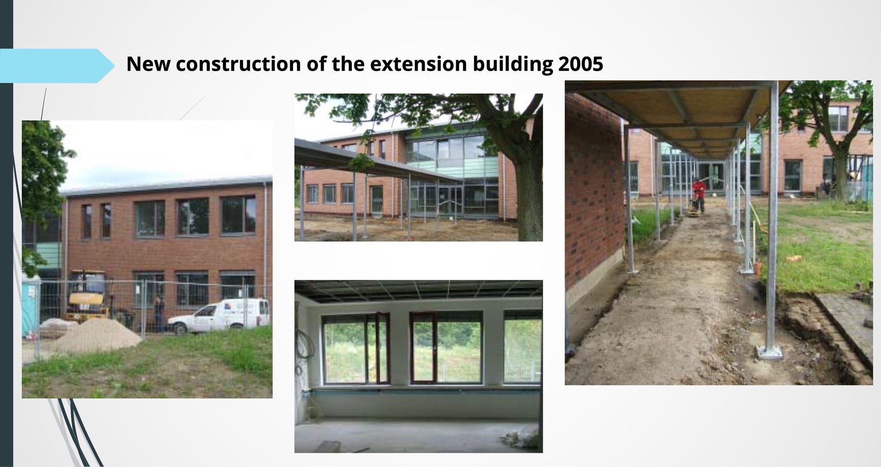 Eine Baustelle beim Neubau des Erweiterungsgebäudes, man sieht die Baustelle sowohl von innen als auch von außen
