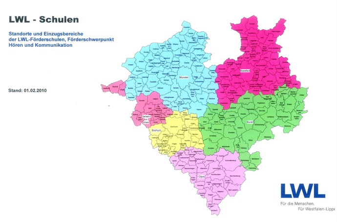 Karte von NRW, farblich untergliedert in die fünf Regierungsbezirke